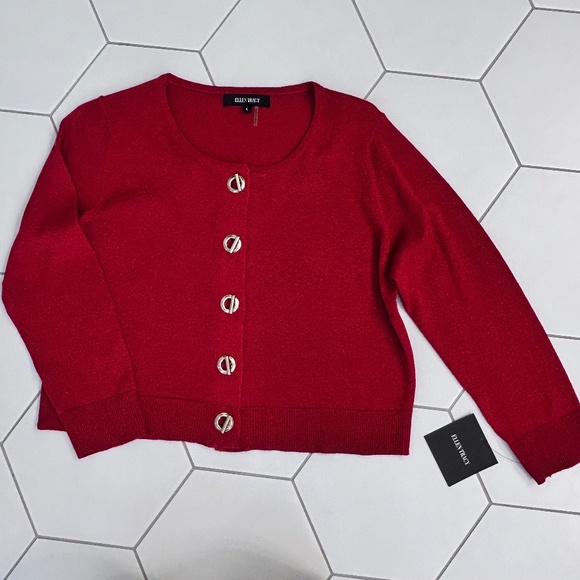 Red Ellen Tracy Cropped Sweater with Metallic Flecks, Size L, NWT - Picture 3 of 4